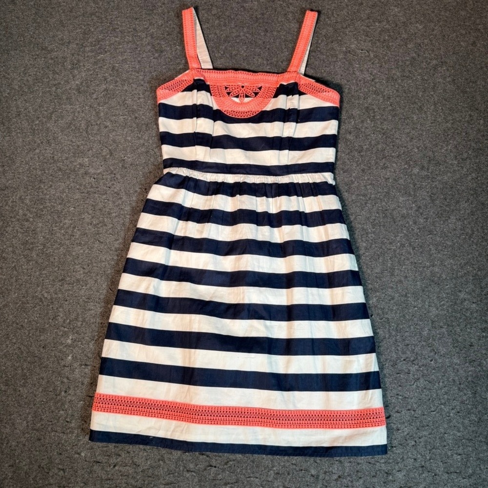 Vineyard‎ Vines Navy White Striped Cotton Dress Coral Lace Trim Size 2